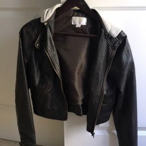 Brown faux leather cropped hooded bomber jacket